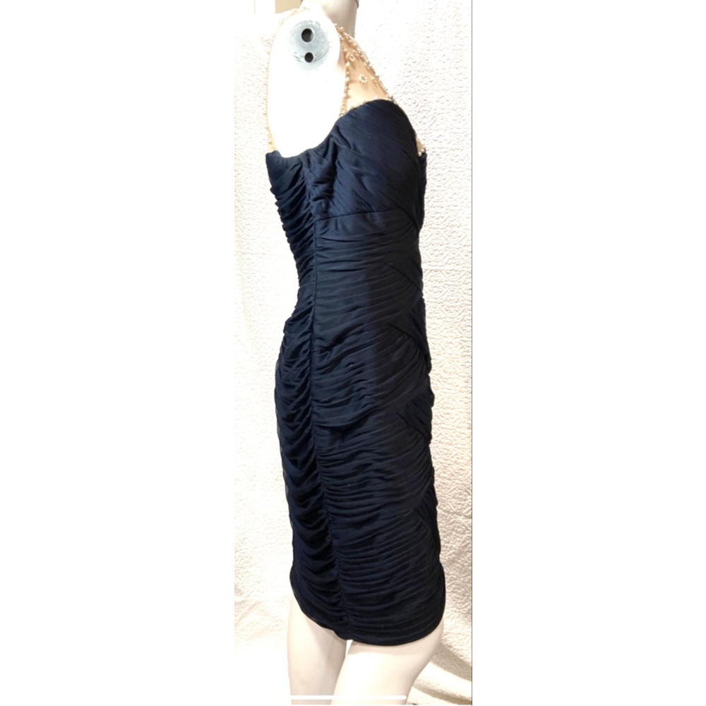Adrianna Papell Navy Blue Beaded Illusion Neck Ruched Bodycon Cocktail Dress 16W - Picture 5 of 14
